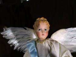 19" BLONDE PORCELAIN ANGEL DOLL, SILK DRESS, WINGS, LEATHER BODY